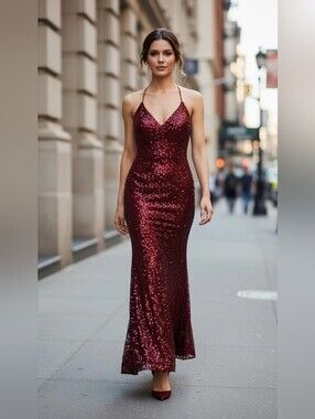 SCALA Sequin Slip Evening Gown in Burgundy SIZE 2 Silk 100%